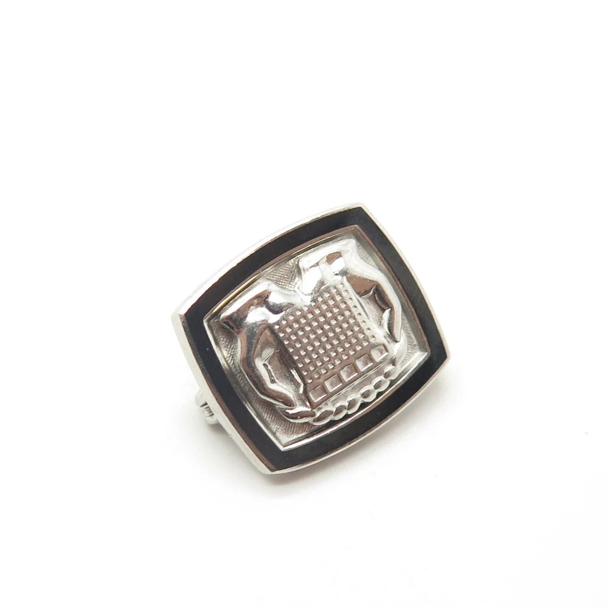925 Sterling Silver Vintage cTo Black Enamel Protect Buildings Pin Brooch
