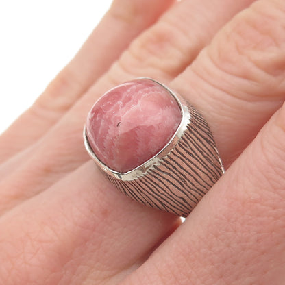 925 Sterling Silver Vintage Real Rhodochrosite Modernist Oxidized Ring Size 8