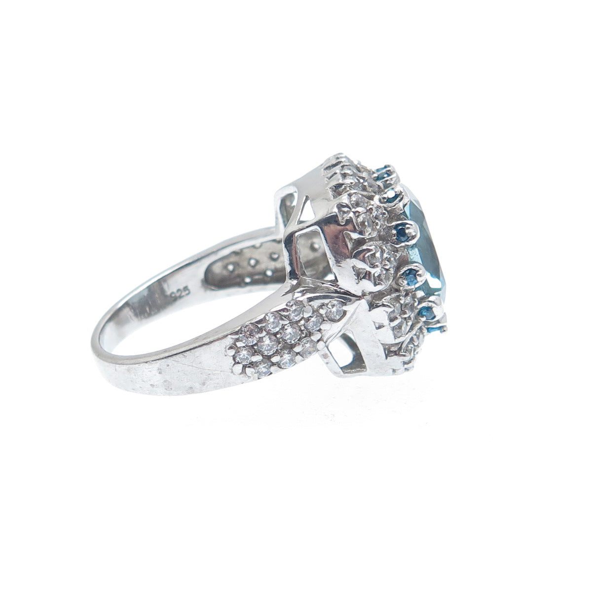 925 Sterling Silver Real Cushion-Cut Blue Topaz Gem & C Z Ring Size 6.75