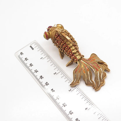 925 Sterling Silver Gold Plated Antique Enamel Chinese Koi Fish Chatelaine Fob