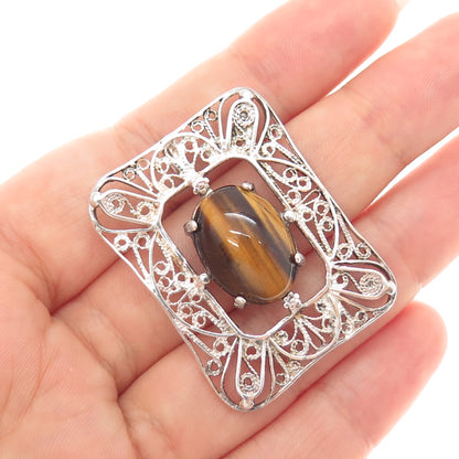925 Sterling Silver Vintage Real Tiger Eye Floral Filigree Slide Pendant