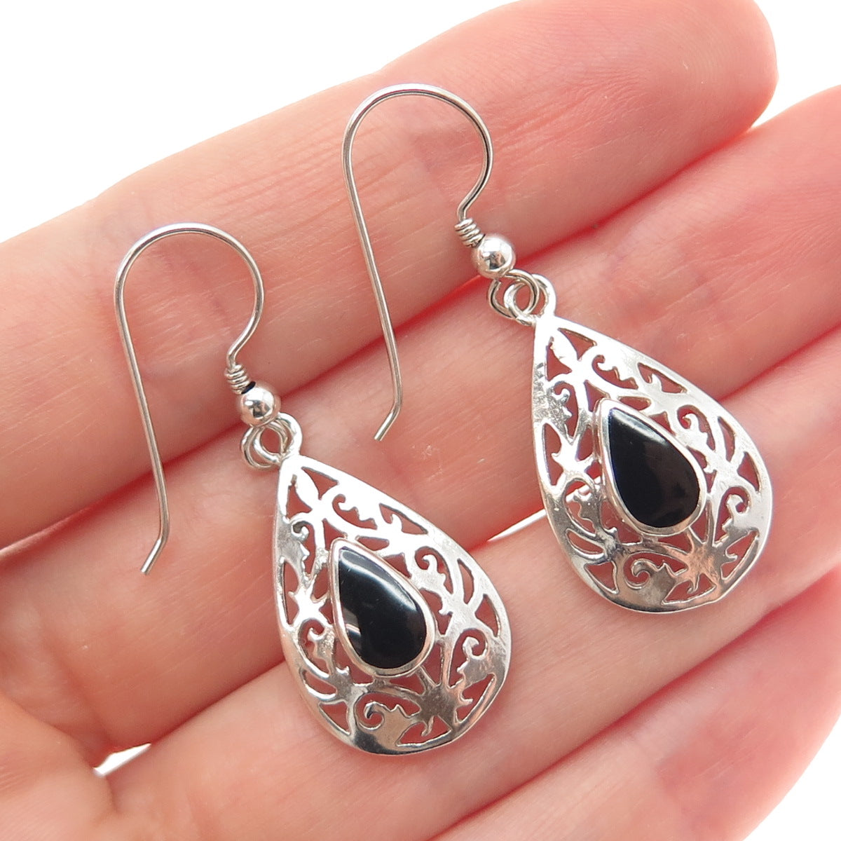 925 Sterling Silver Vintage Real Black Onyx Ornate Teardrop Dangle Earrings