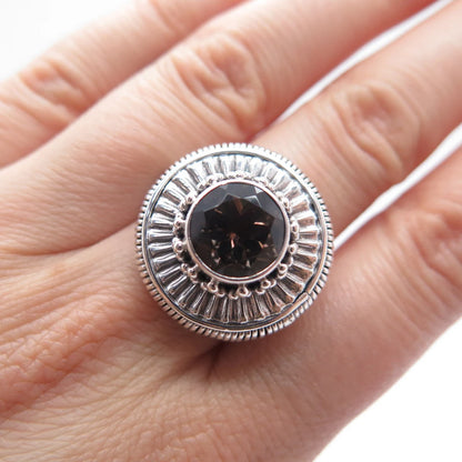 925 Sterling Silver Vintage Real Smoky Quartz Beaded Fox Chain Ring Size 6