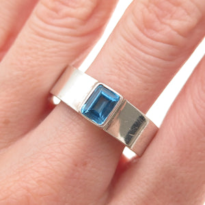 925 Sterling Silver Vintage Real Emerald-Cut Blue Topaz Band Ring Size 9