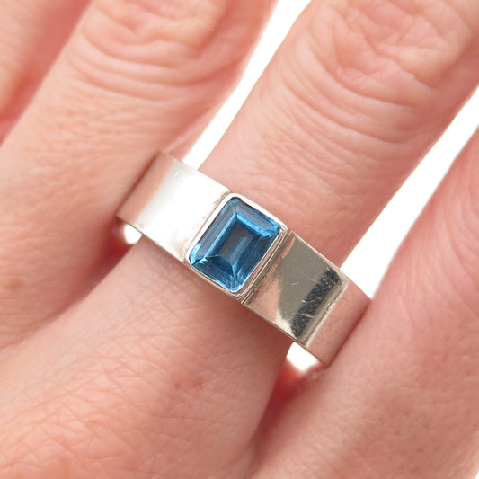 925 Sterling Silver Vintage Real Emerald-Cut Blue Topaz Band Ring Size 9
