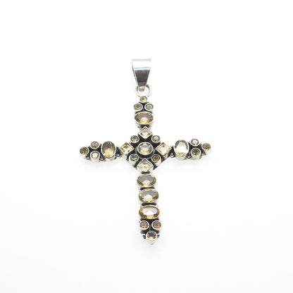 925 Sterling Silver Vintage Real Multi-Cut Citrine Cluster Cross Pendant