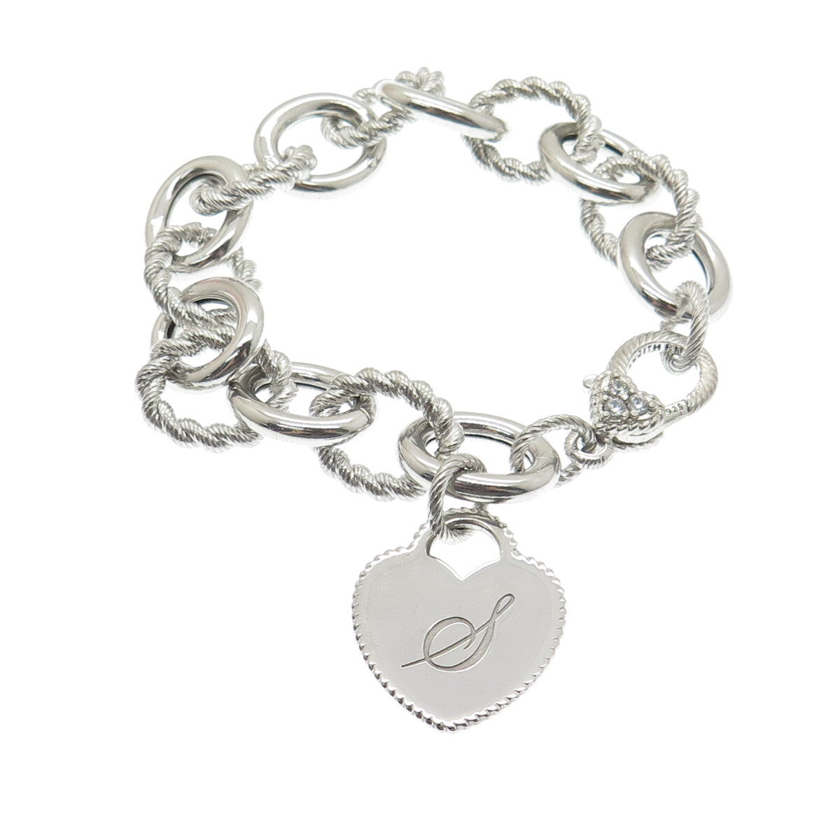 JUDITH RIPKA Sterling Silver C Z Letter "S" Heart Tag Oval Link Bracelet 7.75"
