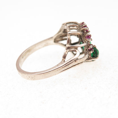 925 Sterling Vintage Green & Pink Rhinestone Ring Size 6.5 (missing 1 stone)
