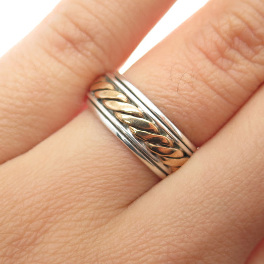 925 Sterling Silver 2-Tone Vintage Ribbed Rotating Band Ring Size 6.5