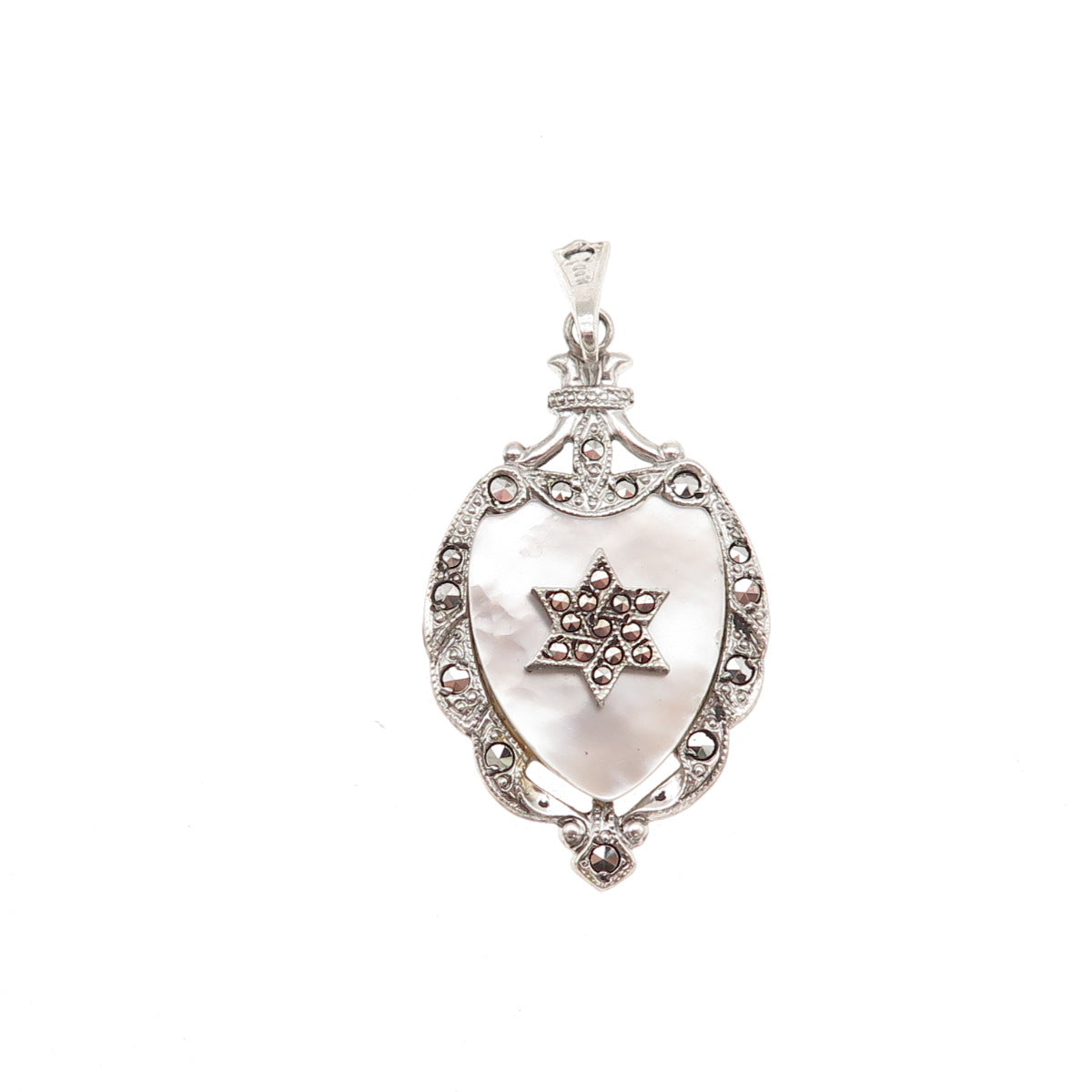 Theda Sterling Antique Art Deco Real MOP & Marcasite Star of David Charm Pendant