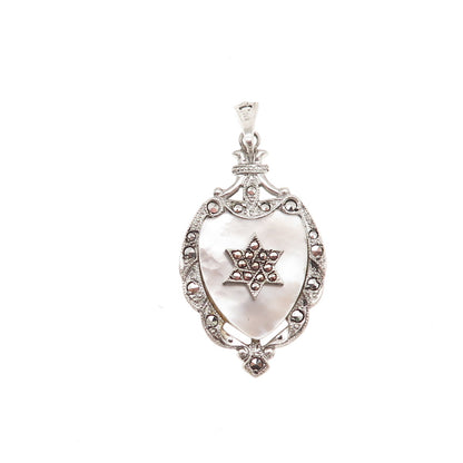 Theda Sterling Antique Art Deco Real MOP & Marcasite Star of David Charm Pendant