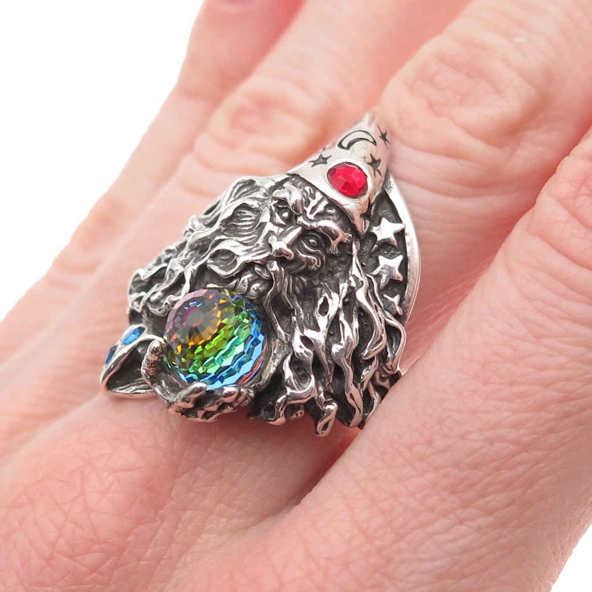 Shube 925 Sterling Silver Vintage Rhinestone & Crystal Wizard Ring Size 12.25