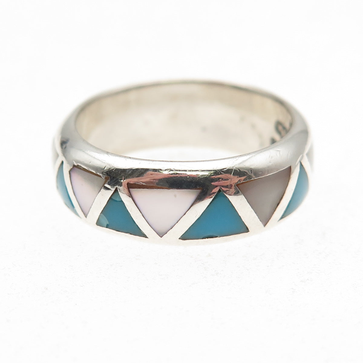 Silver Cloud Old Pawn 925 Sterling Vintage Turquoise & MOP Band Ring Size 7.5