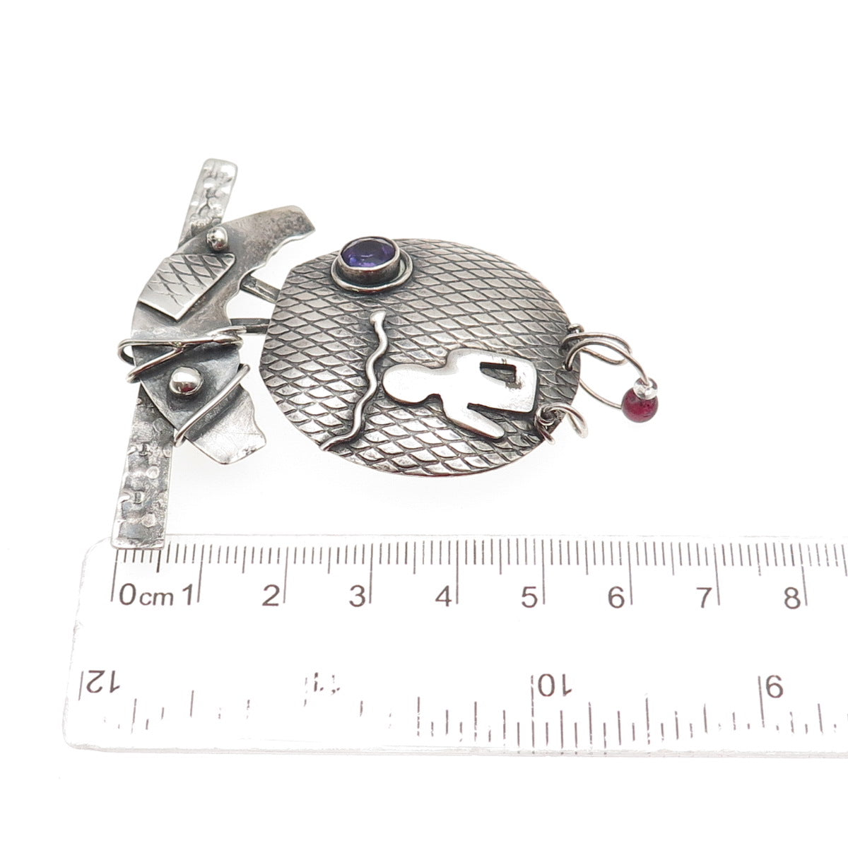 925 Sterling Silver Vintage Real Amethyst & Red Garnet Modernist Pin Brooch