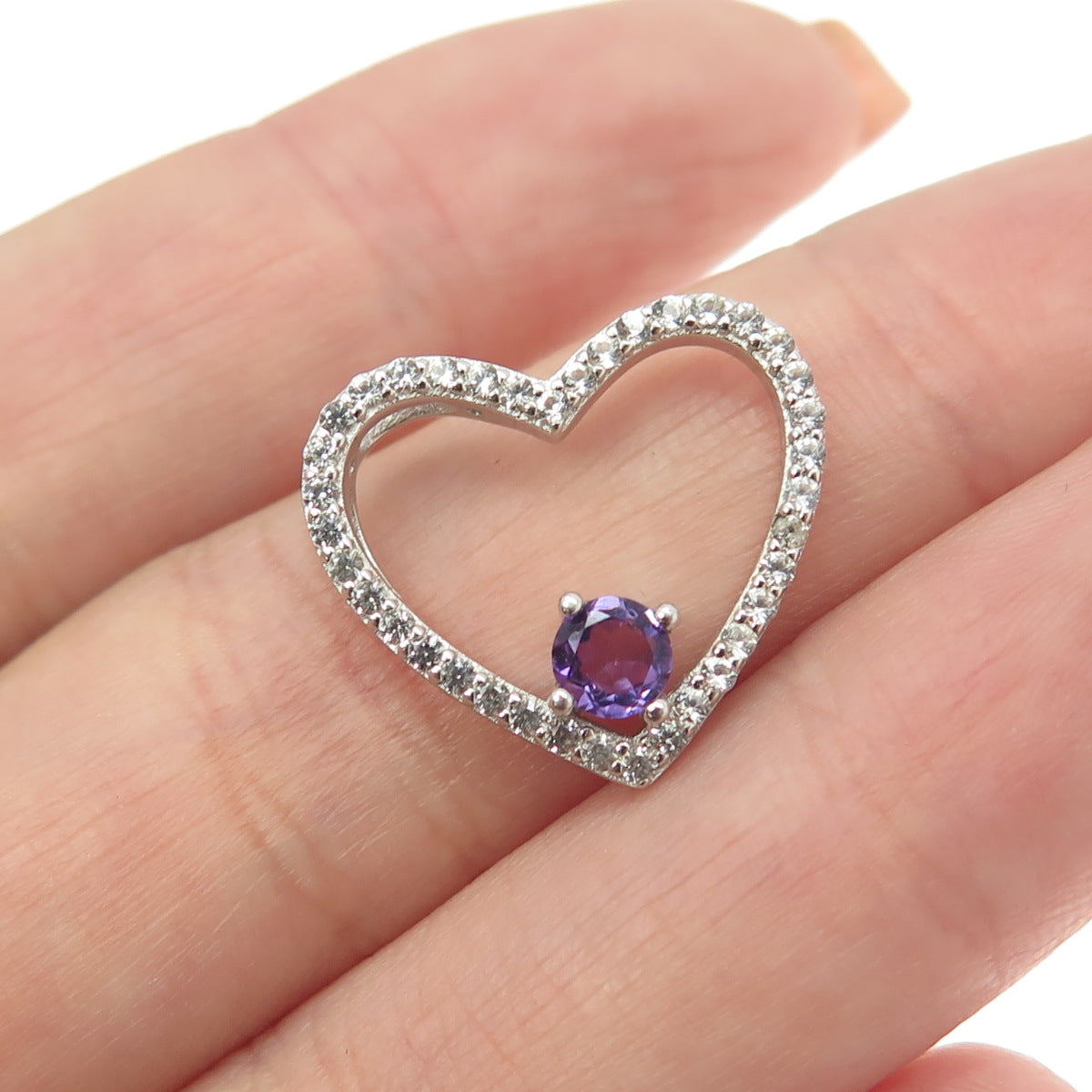 HAN 925 Sterling Silver Real White Topaz & Amethyst Gemstone Heart Slide Pendant