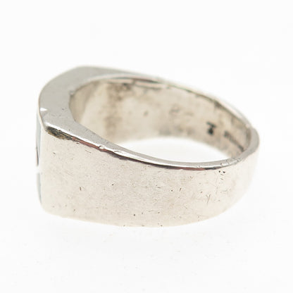 TOMMY LONG Old Pawn 925 Sterling Turquoise Coral Inlay Adjustable Ring Size 7.75