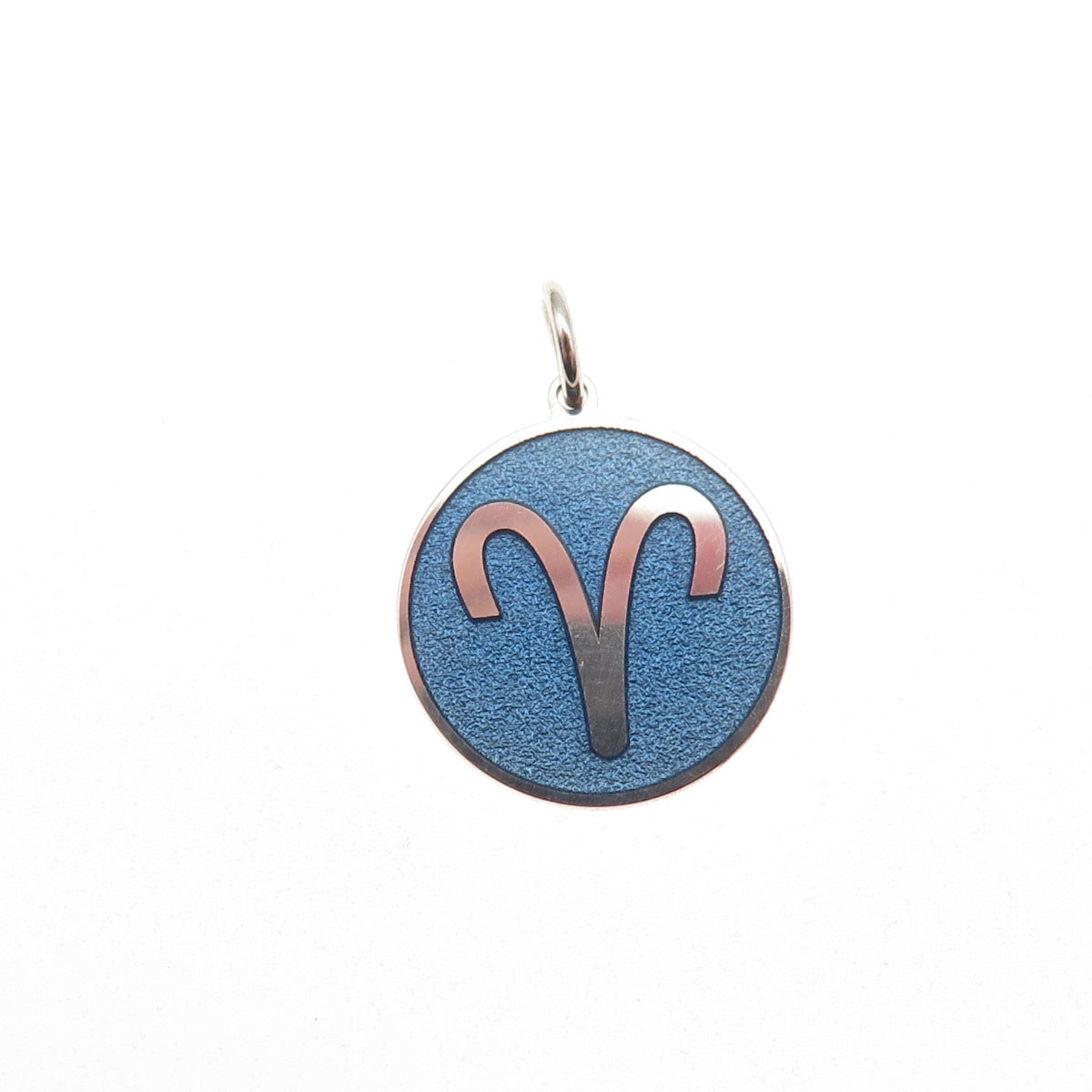 925 Sterling Silver Blue Enamel Aries Zodiac Sign Round Tag Mini Charm Pendant