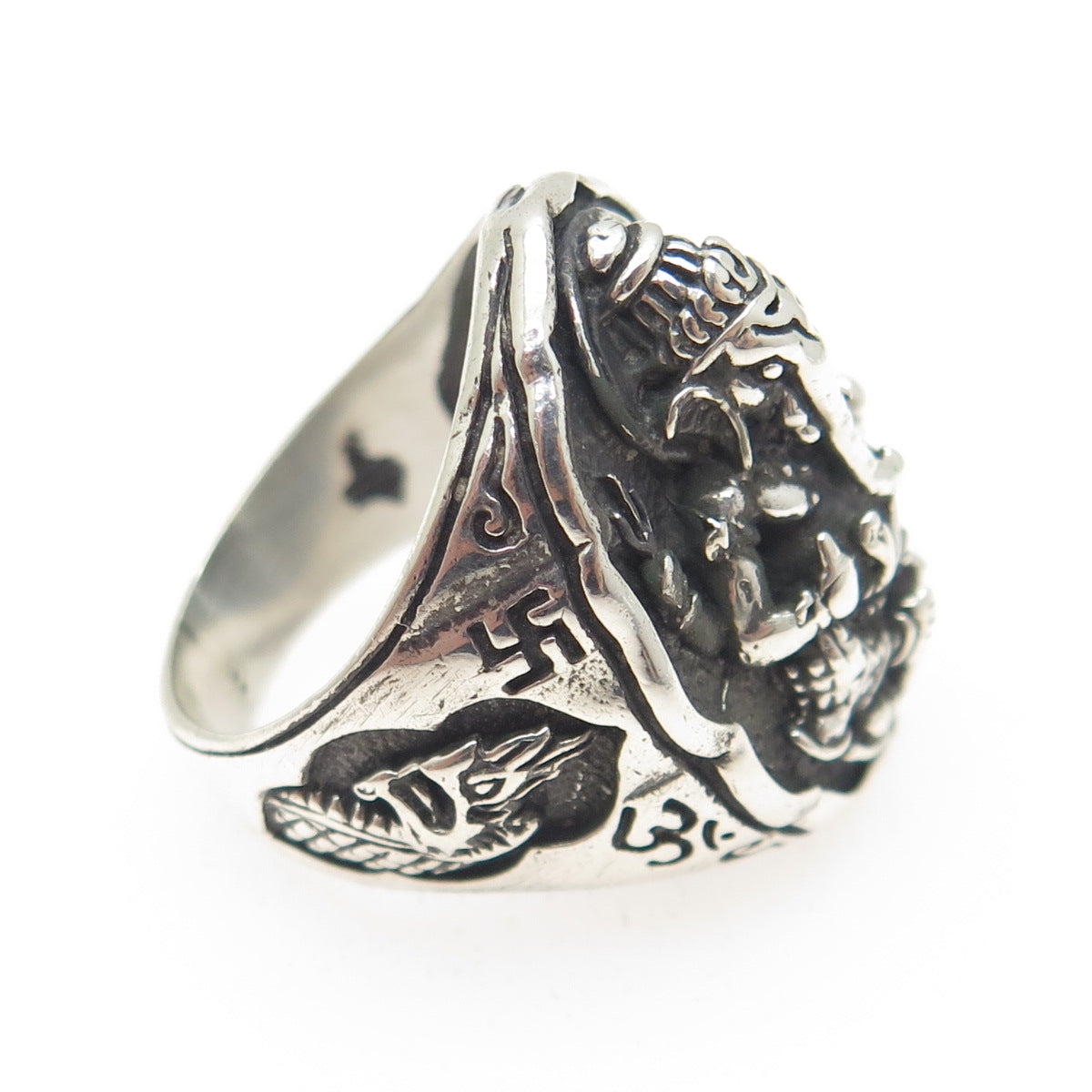 925 Sterling Silver Vintage Ganesha Hindu God Oxidized Dome Ring Size 8