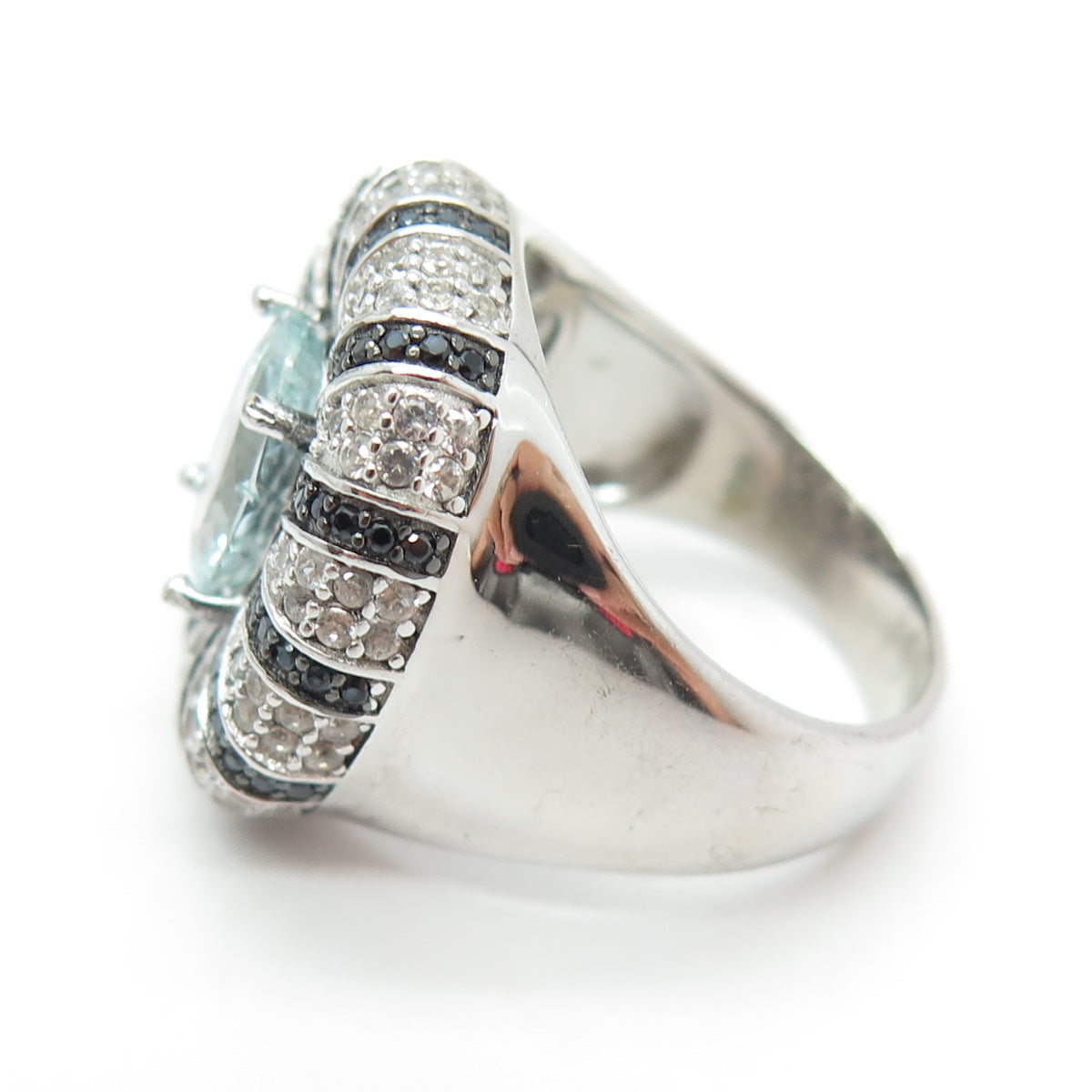 925 Sterling Silver Real Blue & White Topaz Black Spinel Ring Size 8