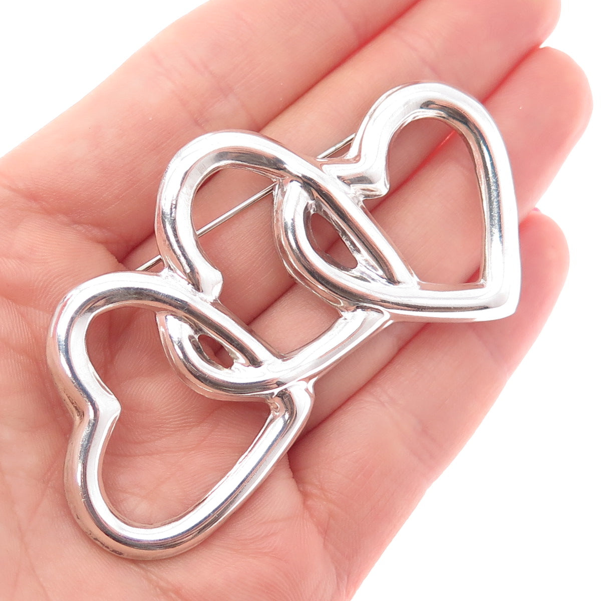 925 Sterling Silver Vintage Mexico Triple Interlocked Heart Pin Brooch