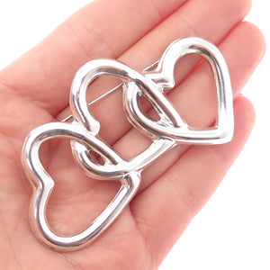 925 Sterling Silver Vintage Mexico Triple Interlocked Heart Pin Brooch