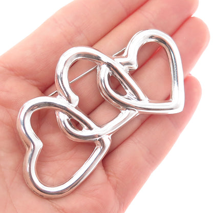 925 Sterling Silver Vintage Mexico Triple Interlocked Heart Pin Brooch