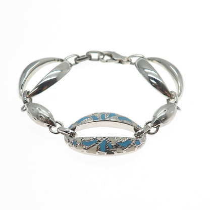 925 Sterling Silver Vintage Enamel Modernist Oval Link Bracelet 7.25"