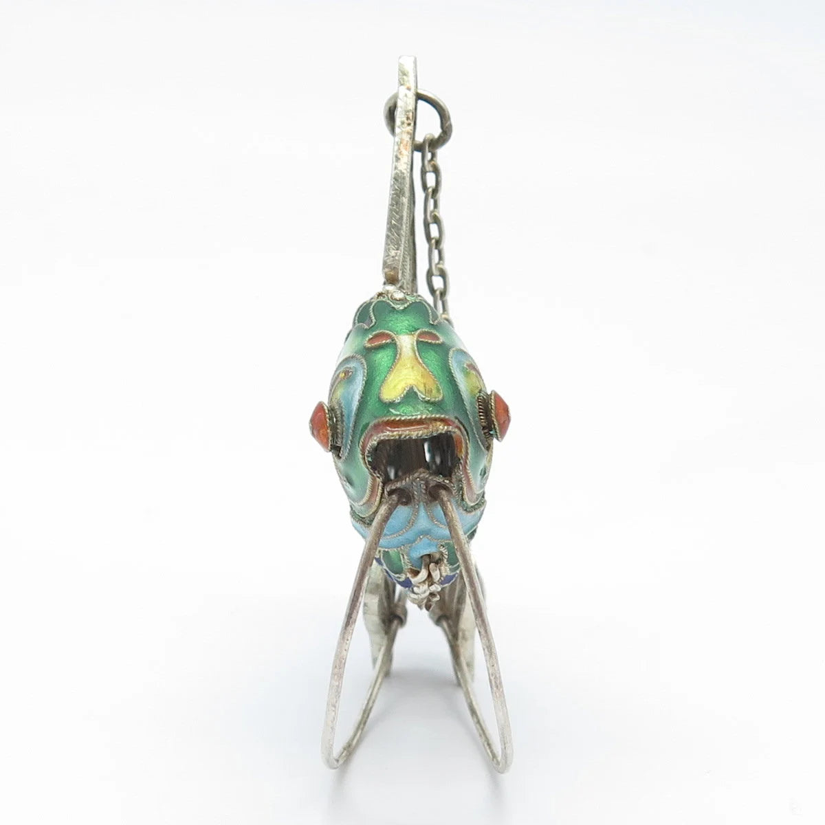 925 Sterling Silver Antique Enamel Articulated Chinese Koi Fish Pendant / Fob