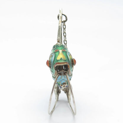 925 Sterling Silver Antique Enamel Articulated Chinese Koi Fish Pendant / Fob