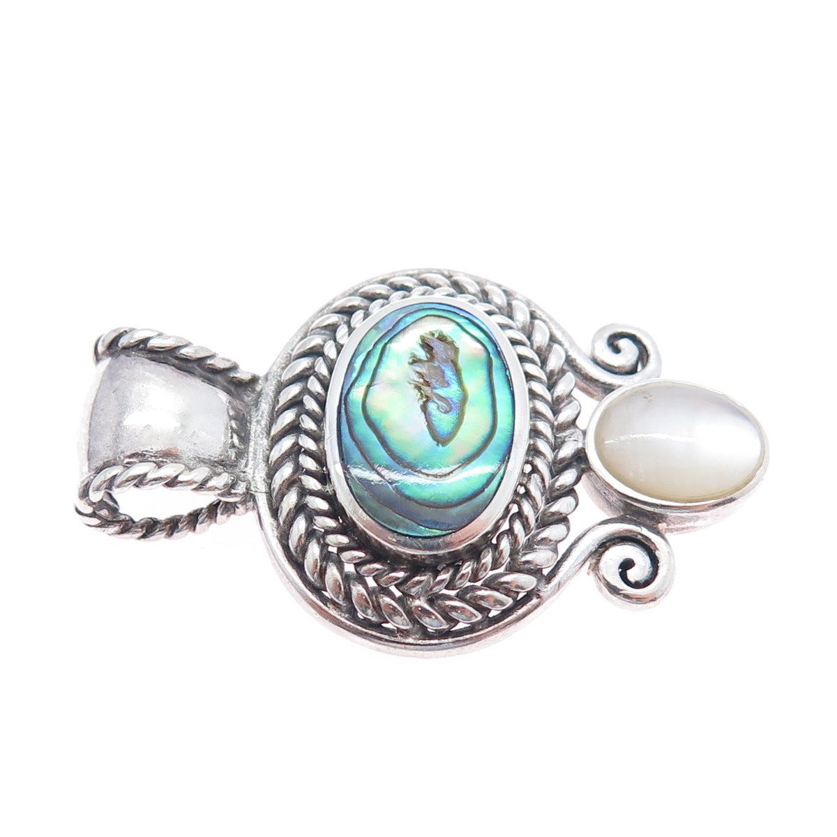 925 Sterling Silver Vintage Real Abalone Shell & MOP Oxidized Pendant