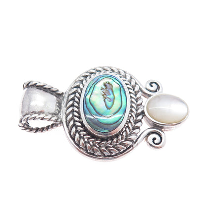 925 Sterling Silver Vintage Real Abalone Shell & MOP Oxidized Pendant