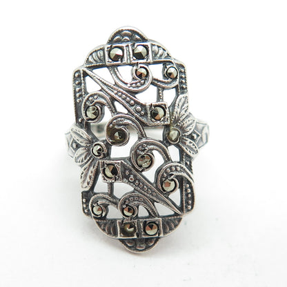 UNCAS 925 Sterling Silver Antique Art Deco Real Marcasite Floral Ring Size 4.25