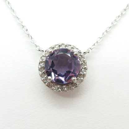 925 Sterling Silver Real Round-Cut Diamond & Amethyst Cable Chain Necklace 18"