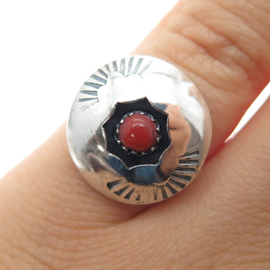 Old Pawn Sterling Silver Vintage Southwestern Coral Shadow Box Ring Size 5.75