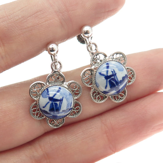 DELFT 925 Sterling Silver Vintage Ceramic Old Mill Filigree Screw Back Earrings