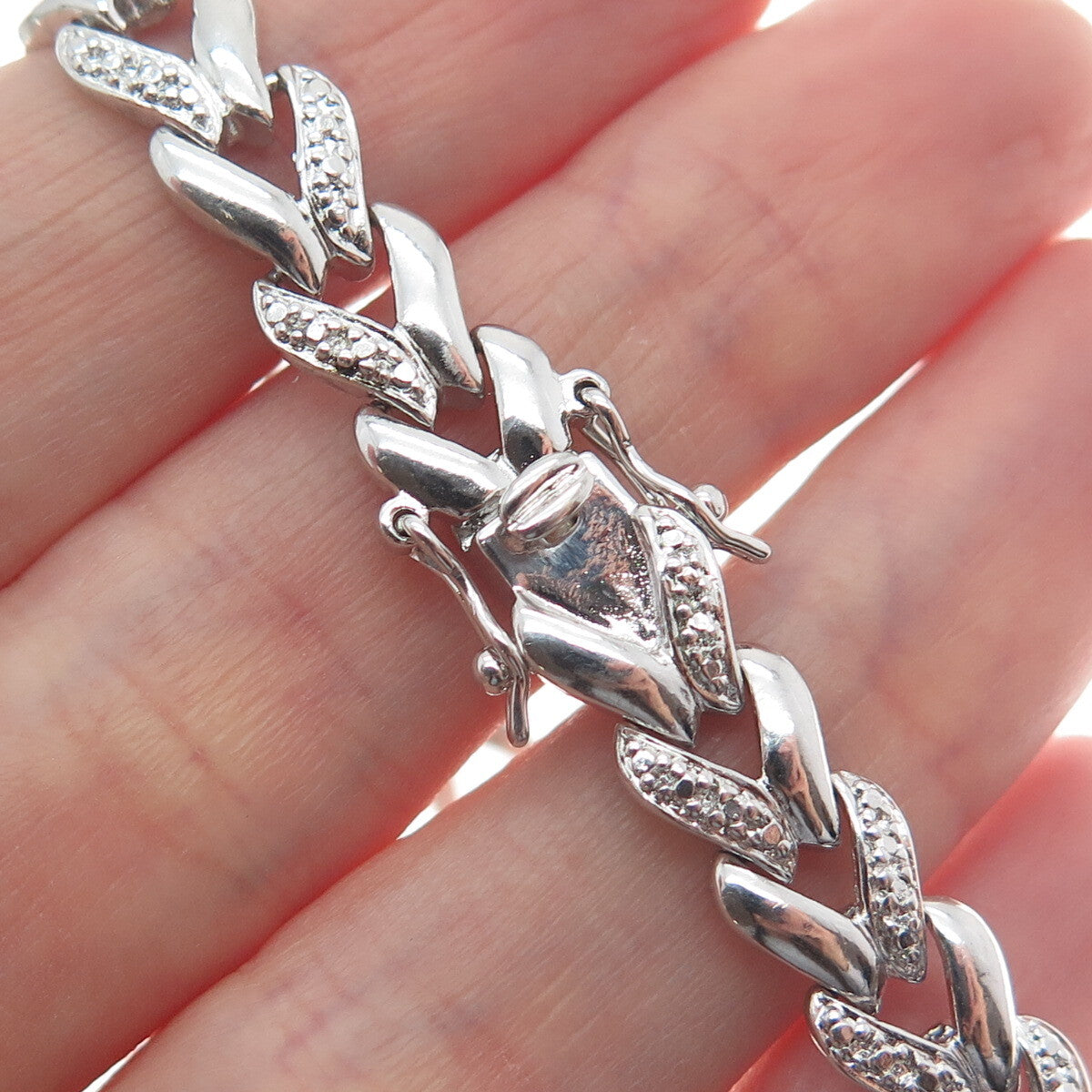 ROSS SIMONS 925 Sterling Silver Diamond Accent Herringbone Link Bracelet 7.25"