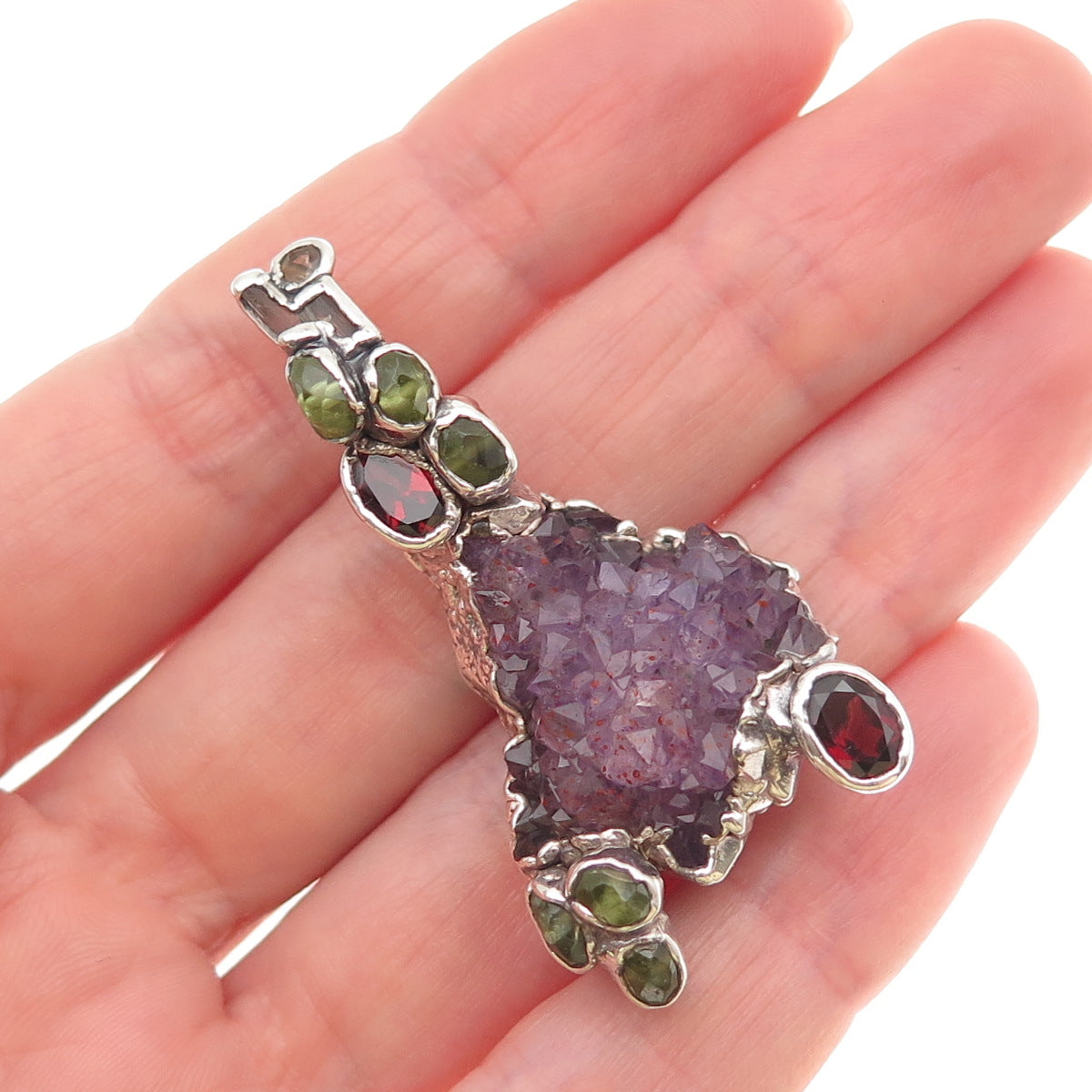 925 Sterling Vintage Real Amethyst Tourmaline Garnet & Peridot Modernist Pendant