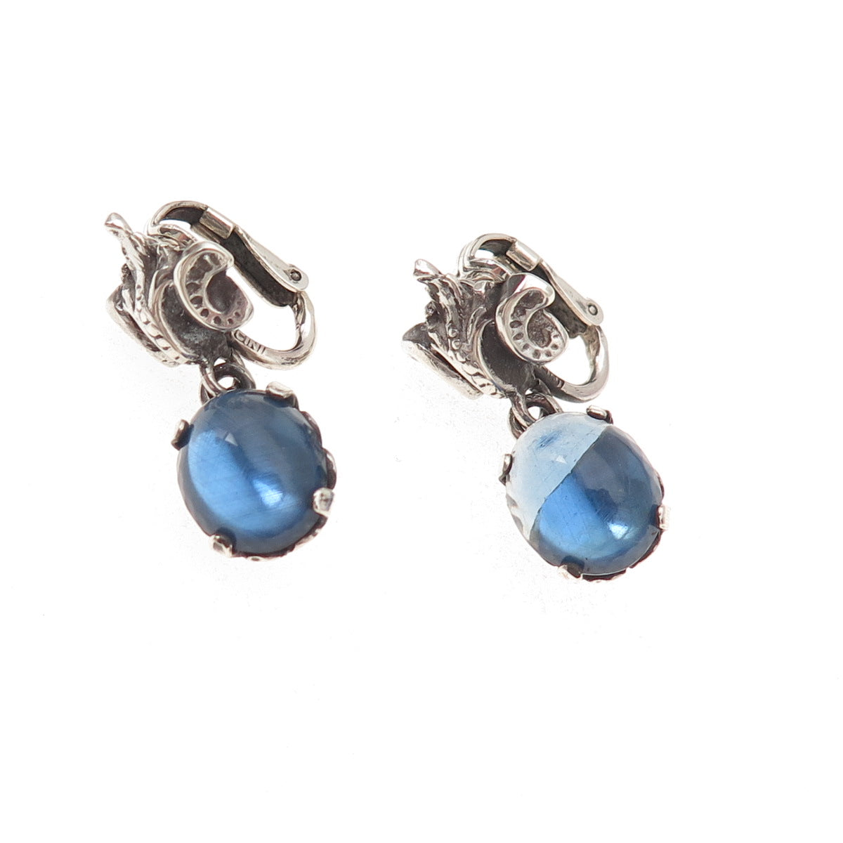 Cini 925 Sterling Silver Antique Art Deco Blue Glass Floral Clip On Earrings
