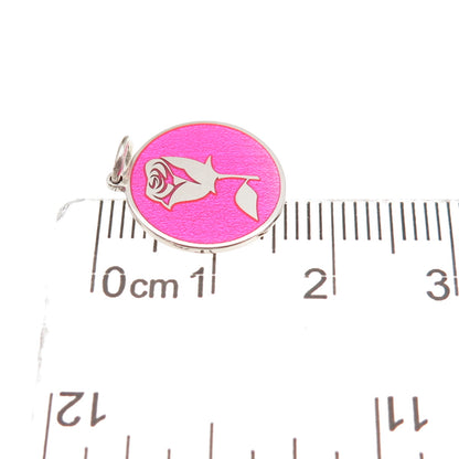 925 Sterling Silver Pink Enamel Rose Flower Round Tag Mini Charm Pendant