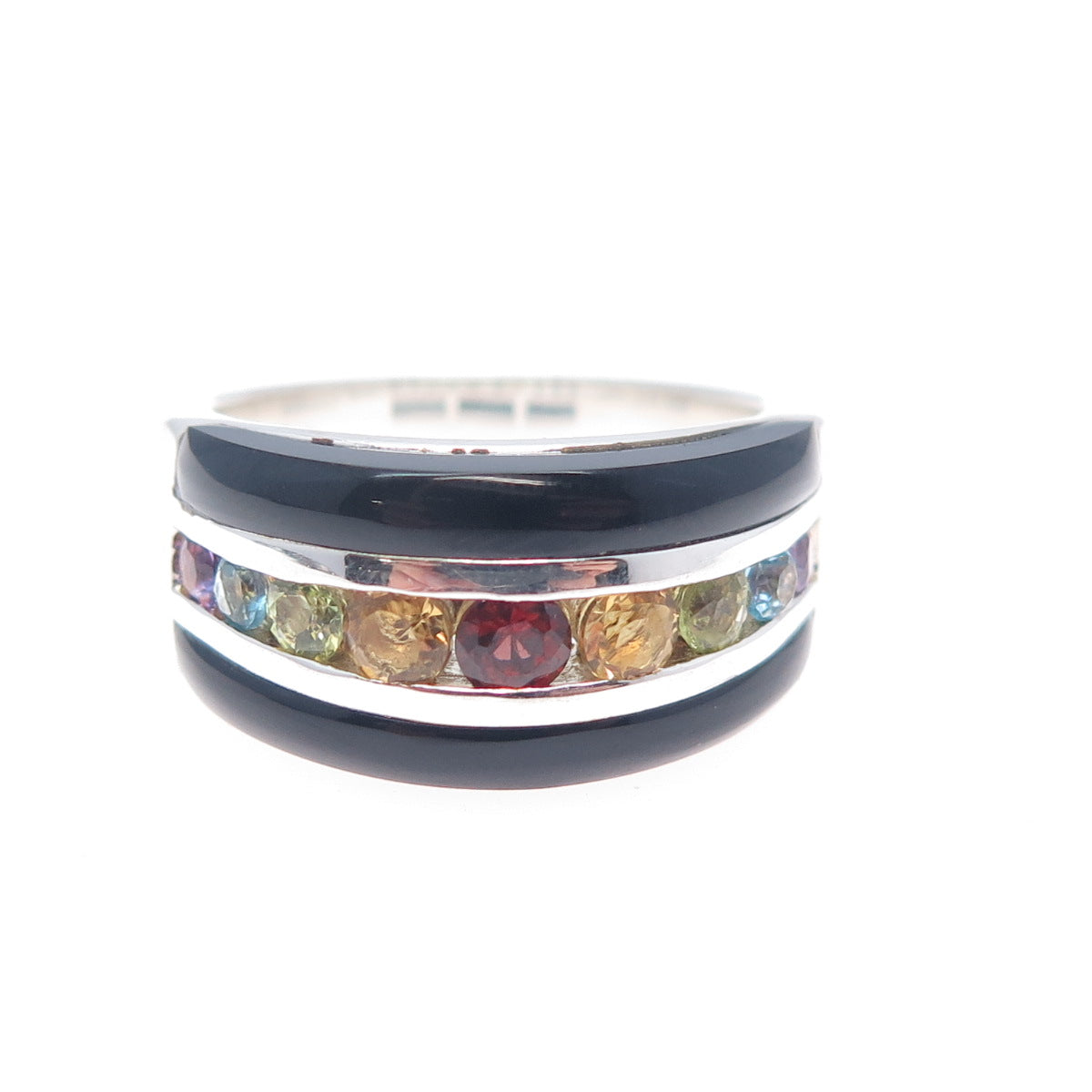 925 Sterling Real Onyx Blue Topaz Citrine Garnet Amethyst Peridot Ring Size 9.25