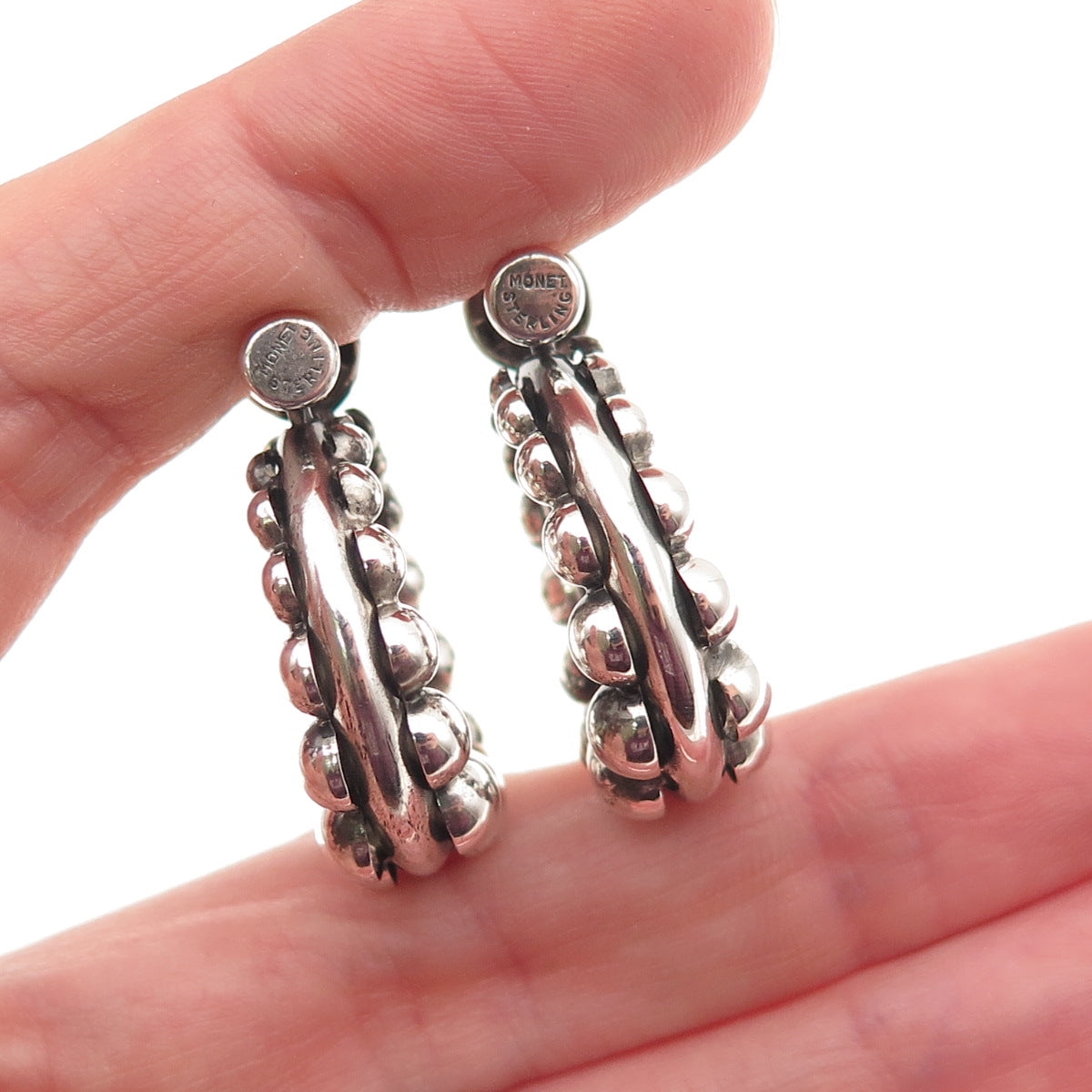 Monet 925 Sterling Silver Vintage Modernist Oxidized Beaded Hoop Earrings