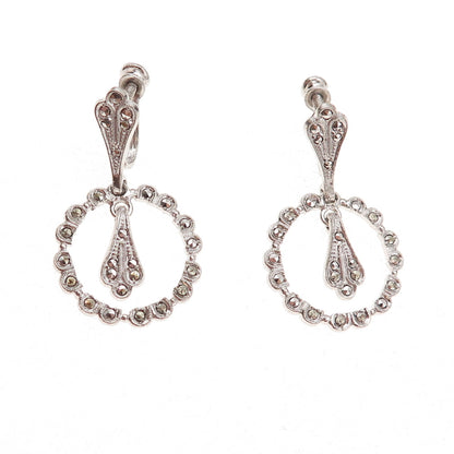 925 Sterling Silver Antique Art Deco Real Marcasite Dangle Earrings