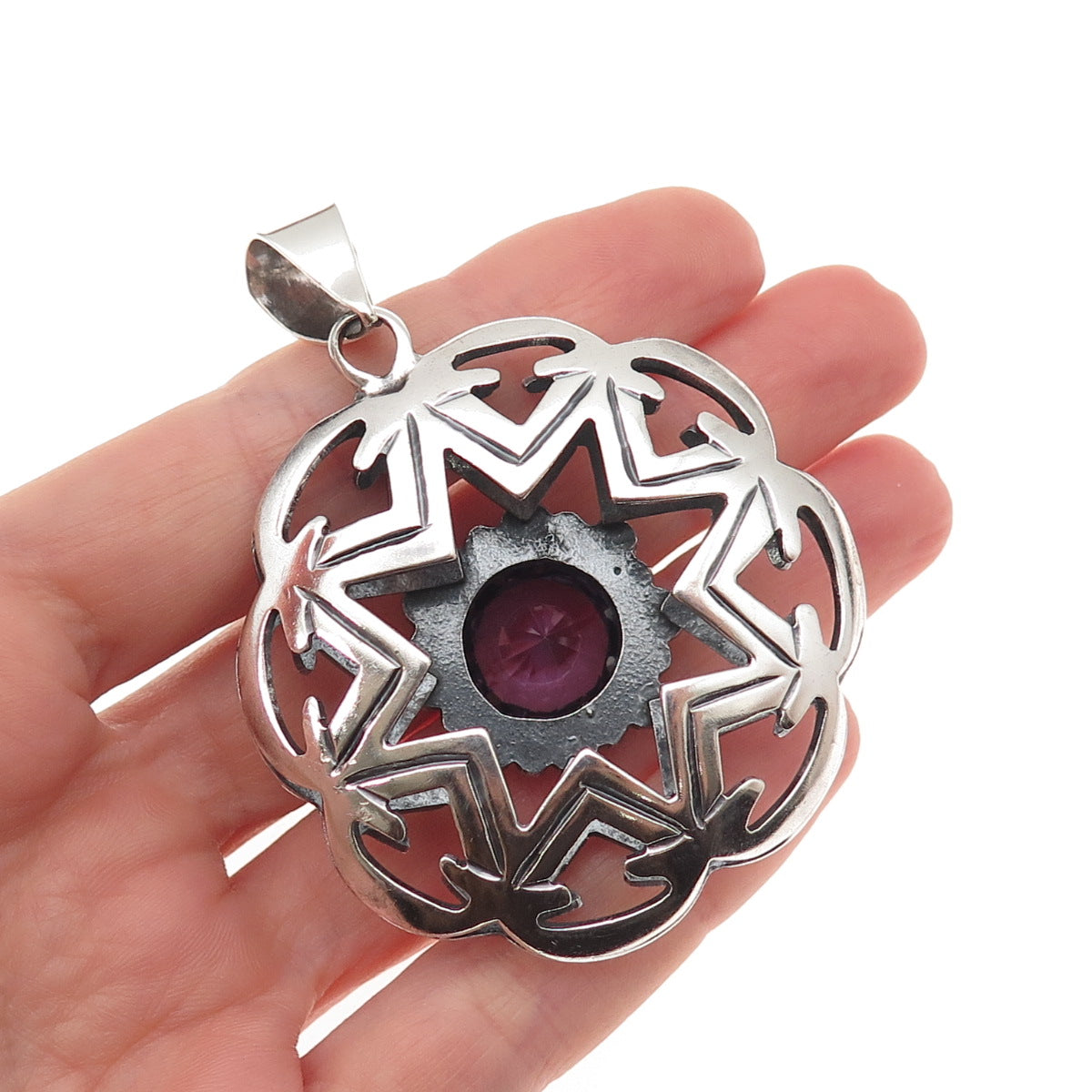 925 Sterling Silver Vintage Lab-Created Peacock Sapphire Large 37.1g Pendant