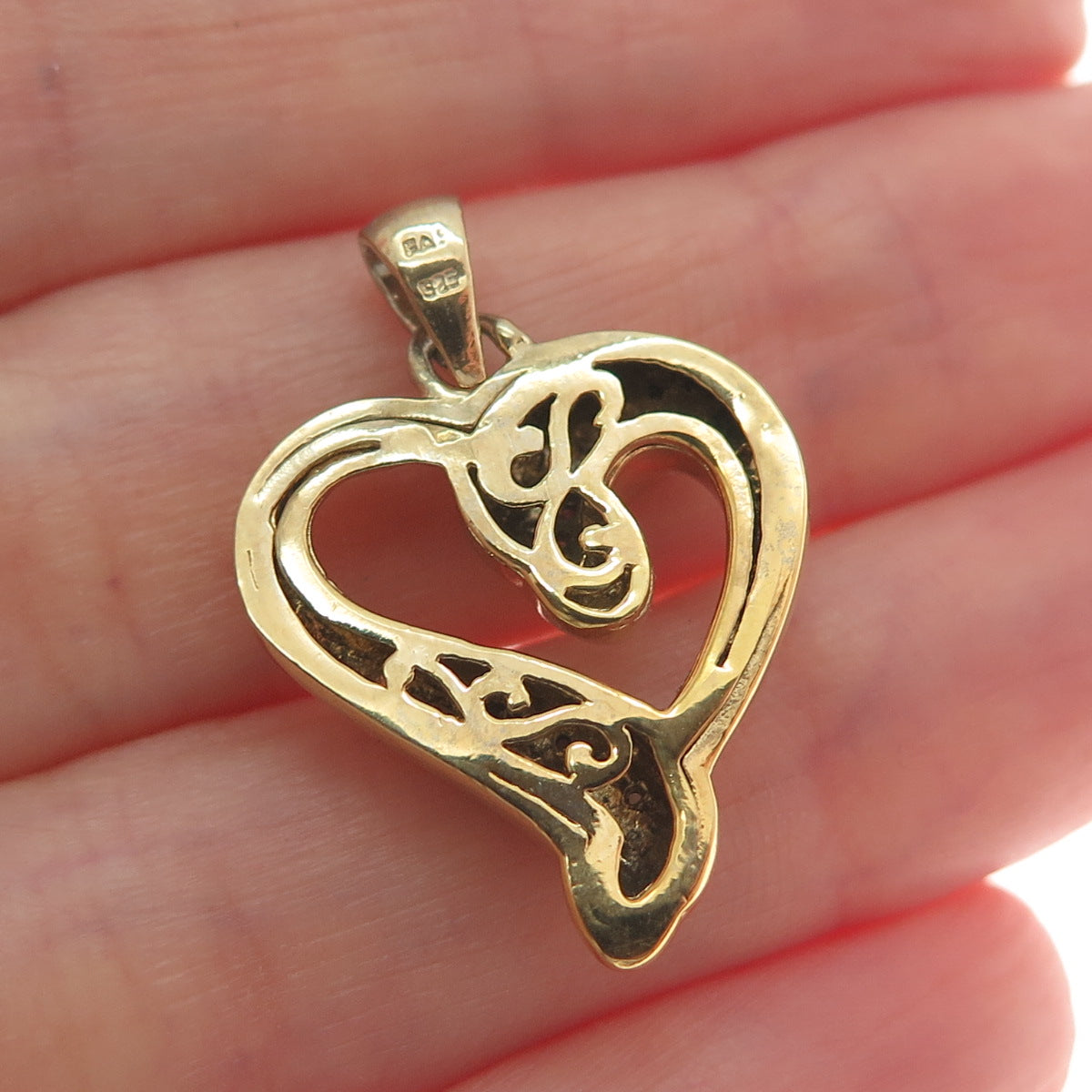925 Sterling Silver Gold Plated Real Round-Cut Diamond Heart Minimalist Pendant