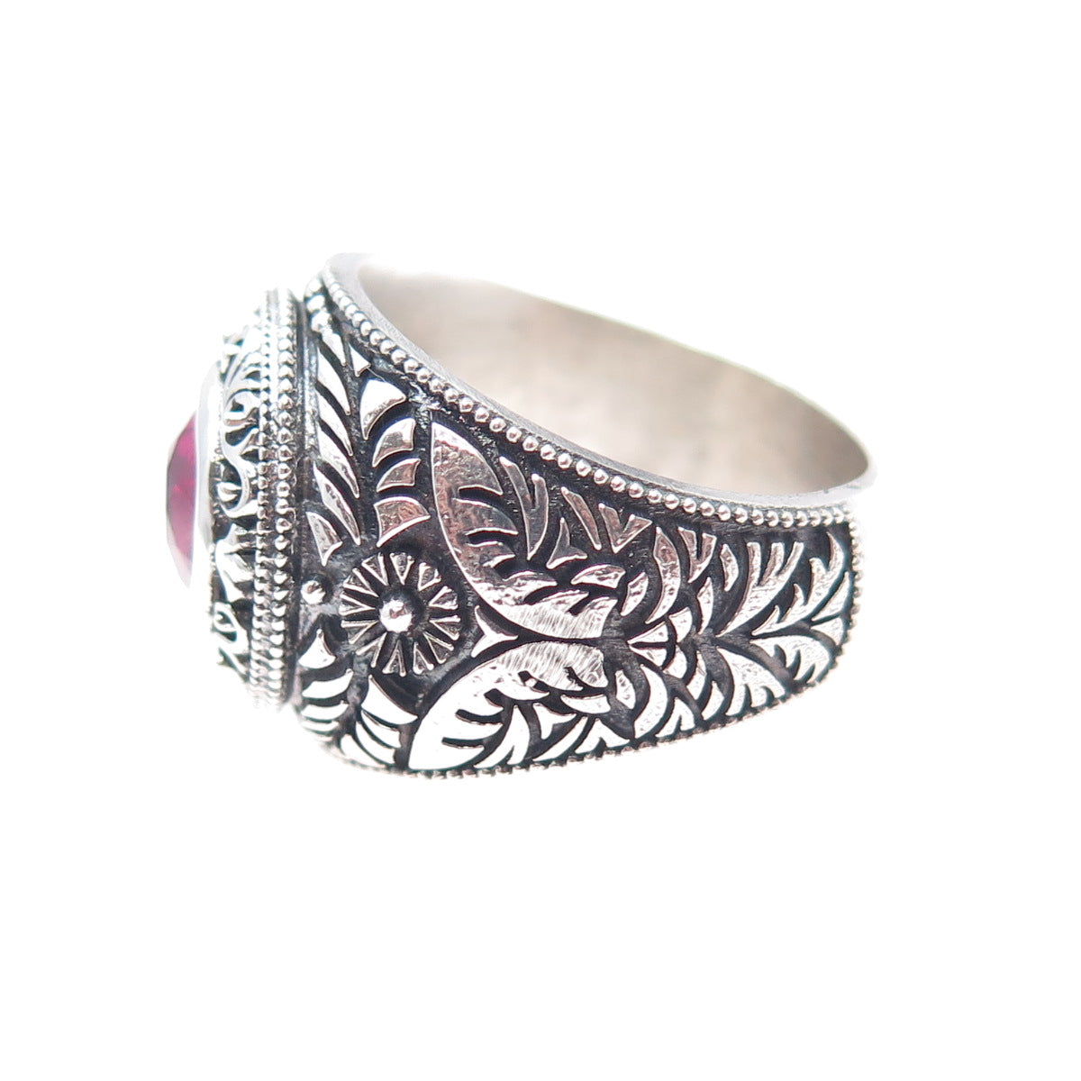 925 Sterling Silver Antique Art Deco Real Ruby Floral Oxidized Ring Size 10.25
