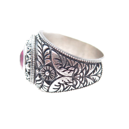 925 Sterling Silver Antique Art Deco Real Ruby Floral Oxidized Ring Size 10.25