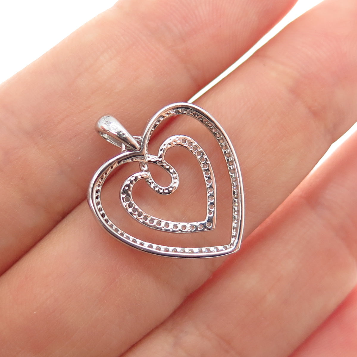925 Sterling Silver Round-Cut C Z Double Heart Charm Pendant