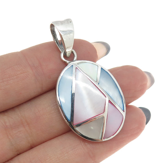 925 Sterling Silver Vintage Real Multi-Color Mother-of-Pearl Oval Pendant