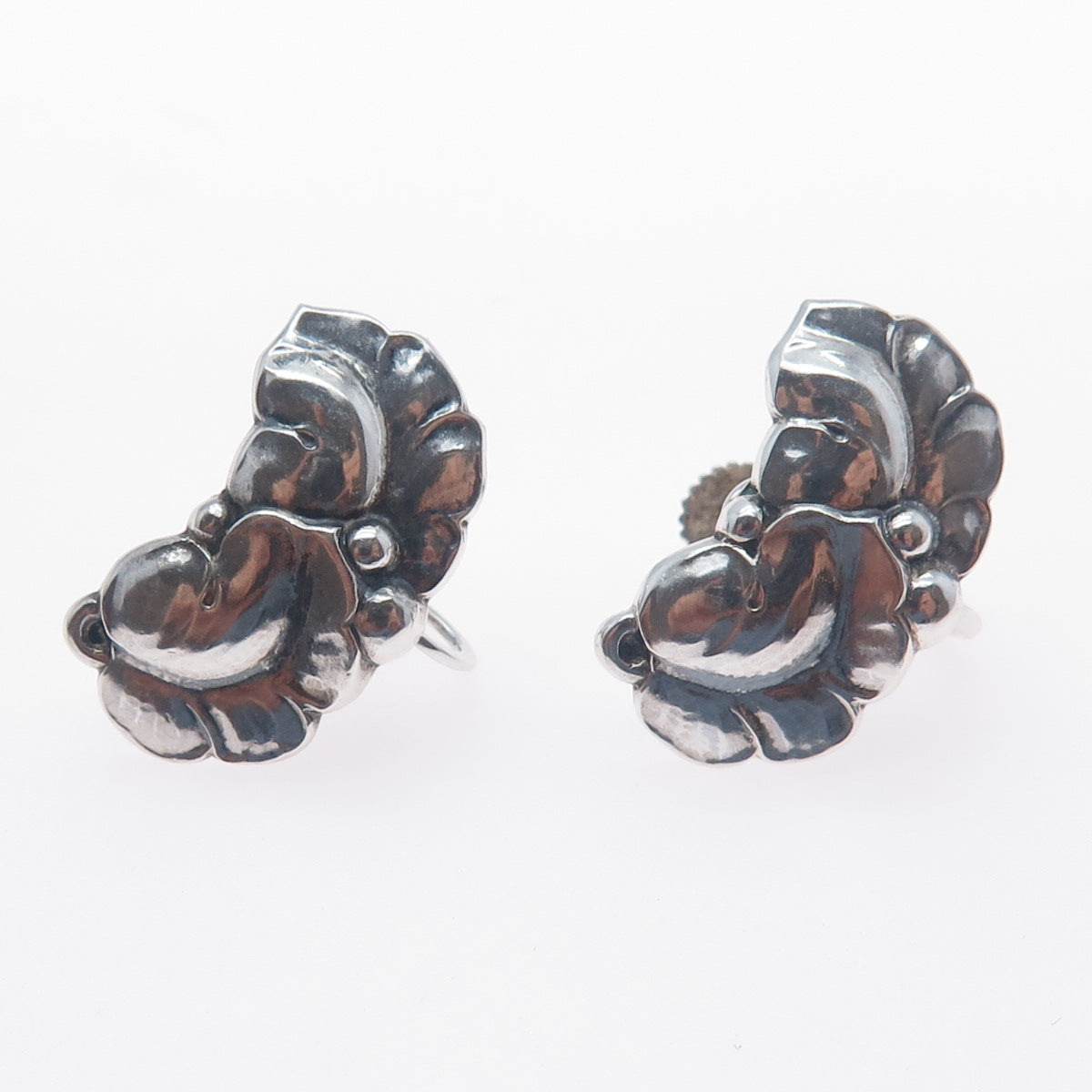 GEORG JENSEN 925 Sterling Silver Vintage Denmark Floral Screw Back Earrings #50A