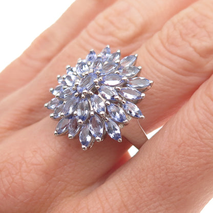 D'Joy 925 Sterling Silver Real Marquise & Oval-Cut Tanzanite Floral Ring Size 8